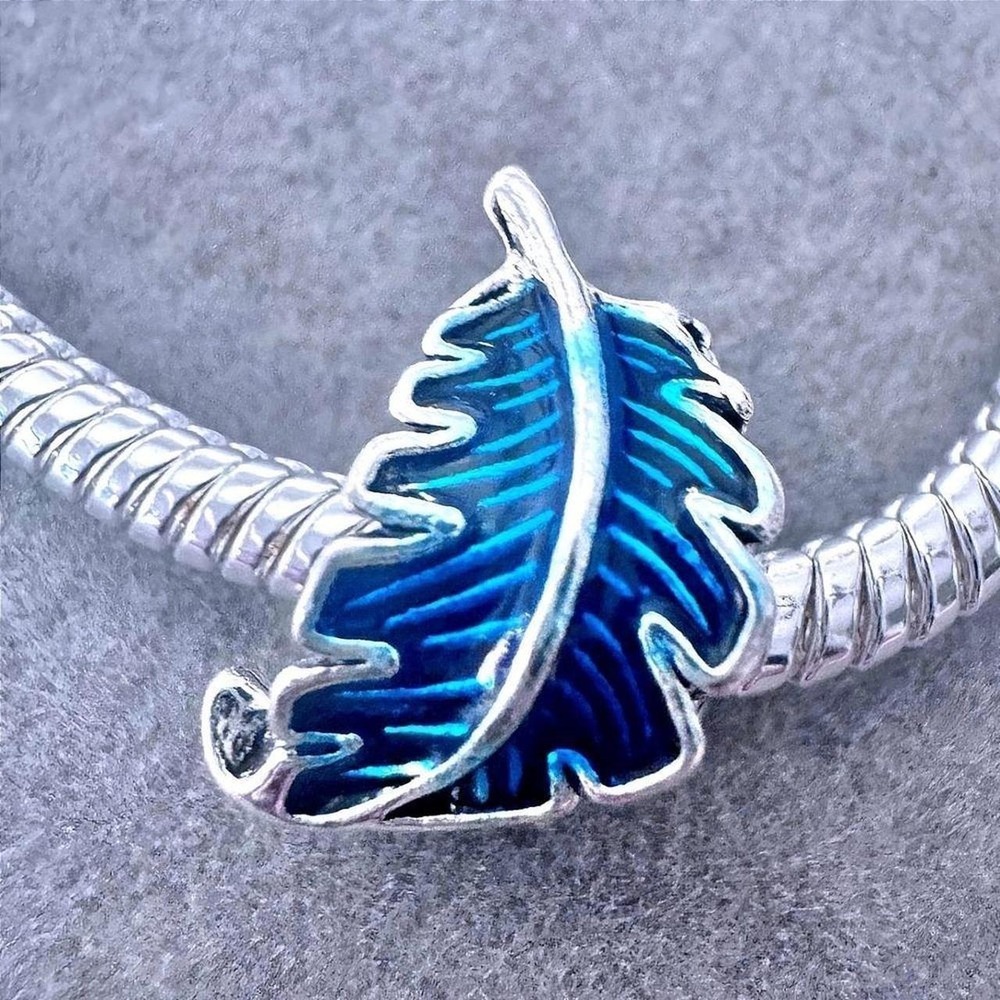 Blue Enamel Curved Leaf Silver Charm fits PANDORA